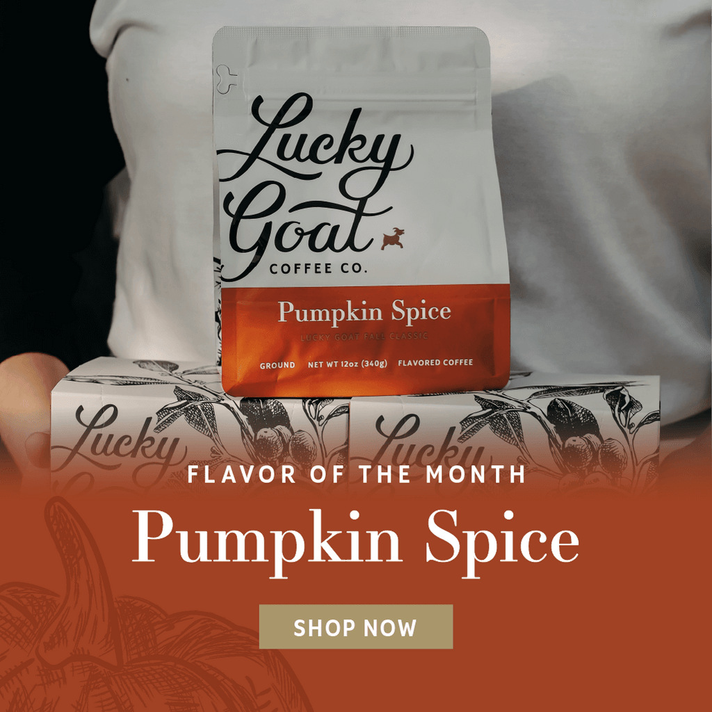 Bag of Pumpkin Spice coffee as Lucky Goat's flavor of the month