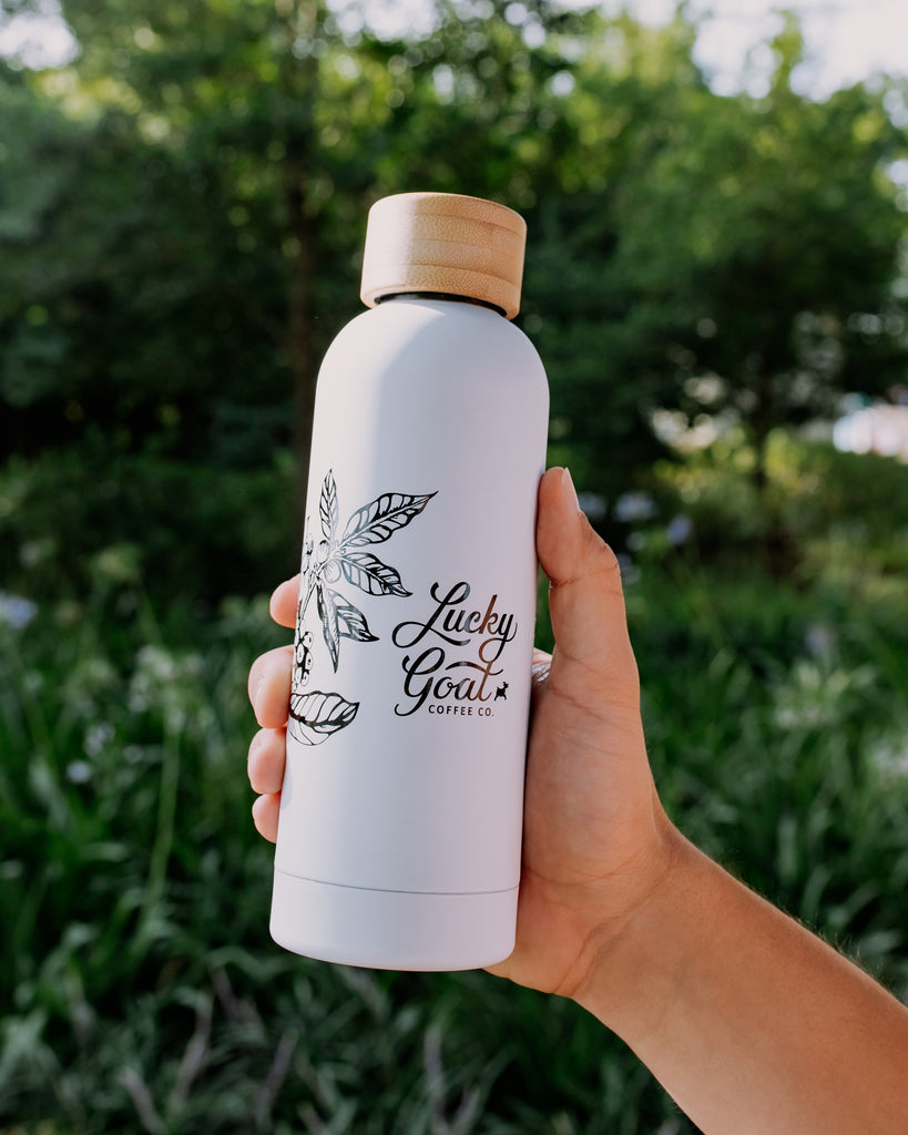 White water bottle with a bamboo cap held in a hand against a green outdoor background